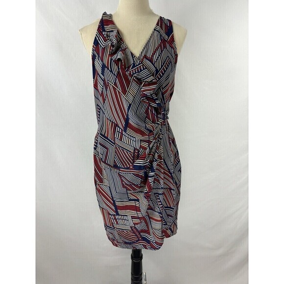 Parker Wrap Dress Blue Red Print Medium Silk Racer Back Knee Length Sleeveless - Picture 9 of 9